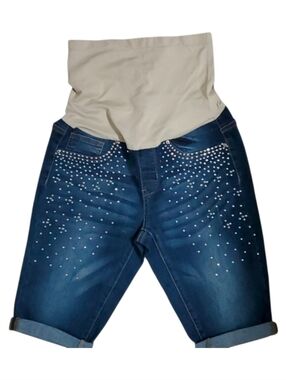BELLA VIDA Maternity Denim Jean Shorts Rhinestones Stylish Glamour Size S